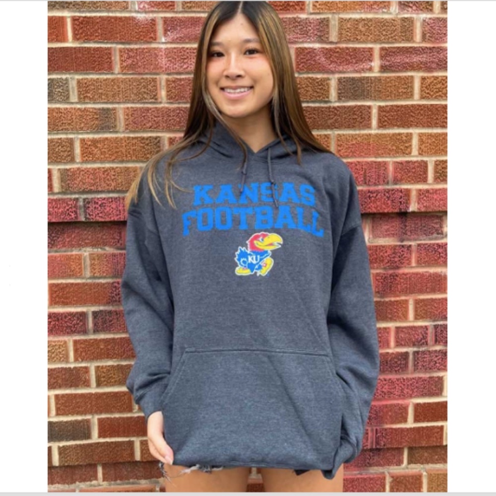 RALLY KANSAS JAYHAWKS MENS CHARCOAL FOOTBALL STACKED LONG SLEEVE HOODIE